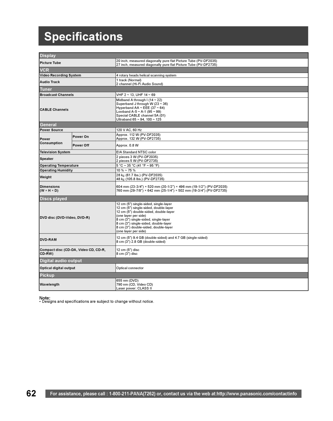 Panasonic PV-DF2035, PV DF2735 manual Specifications, Display 