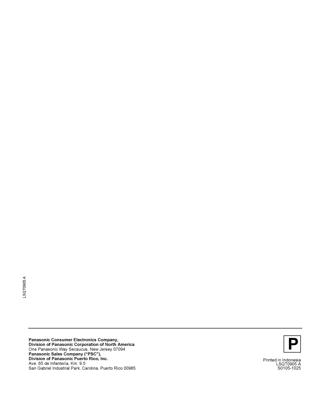 Panasonic PV-DF2035, PV DF2735 manual San Gabriel Industrial Park, Carolina, Puerto Rico 