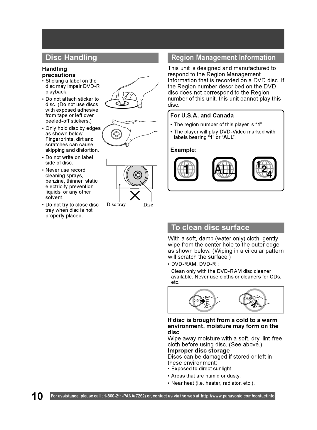 Panasonic PV-DF204, PV-DF274 operating instructions Disc Handling, Region Management Information, To clean disc surface 