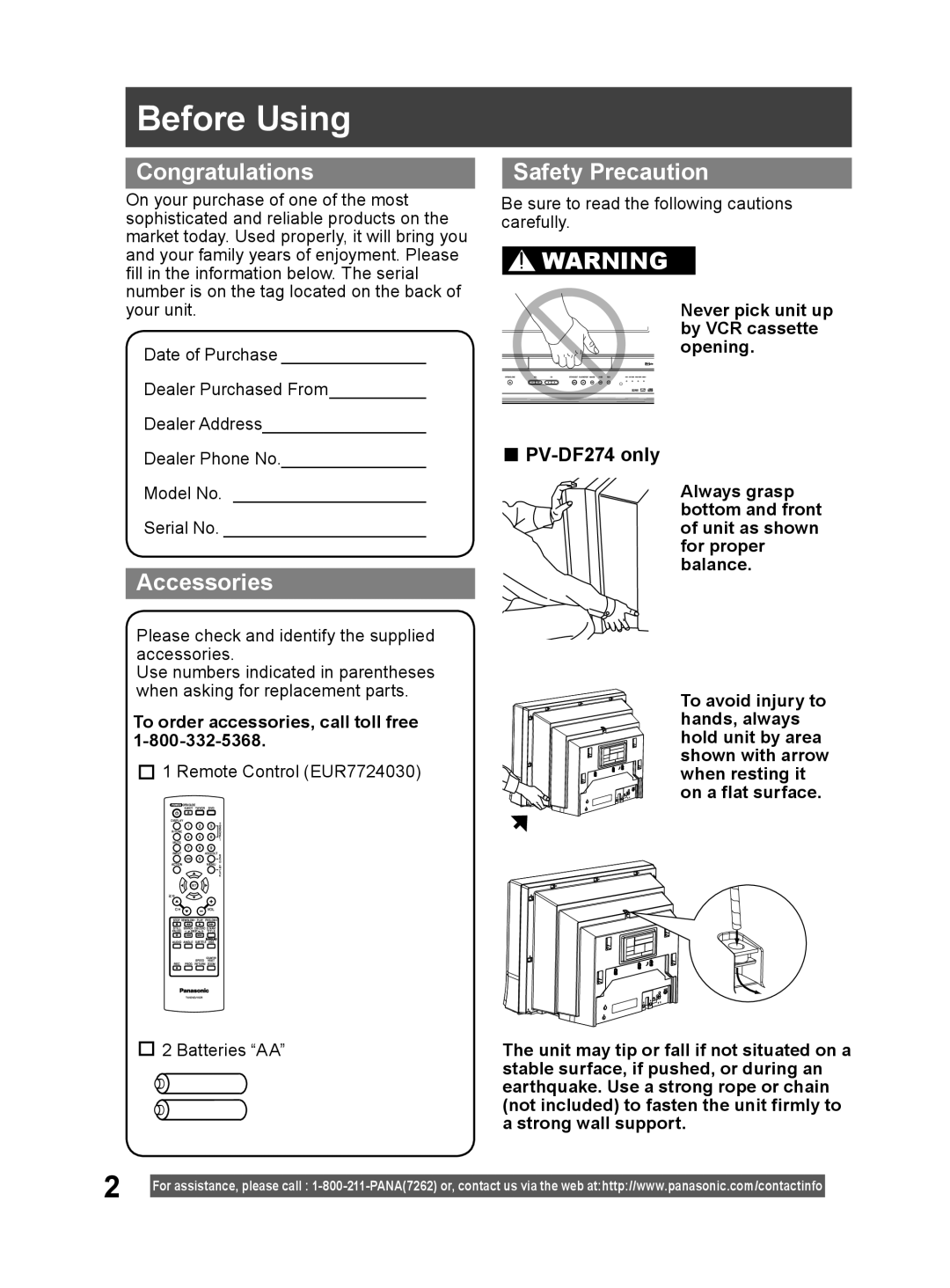 Panasonic PV-DF204 operating instructions Before Using, Congratulations, Accessories, Safety Precaution, PV-DF274 only 