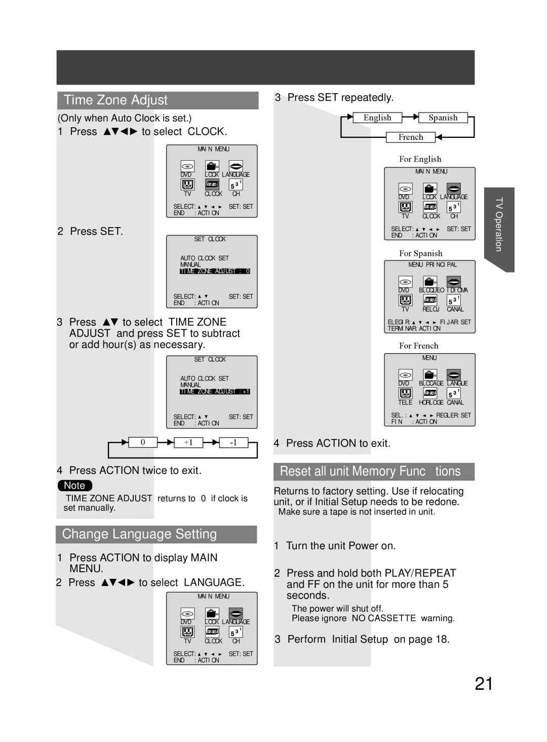 Panasonic PV-DF274, PV-DF204 Time Zone Adjust, Change Language Setting, Reset all unit Memory Functions 