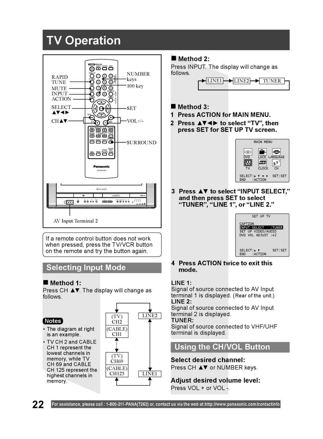 Panasonic PV-DF204, PV-DF274 operating instructions TV Operation, Selecting Input Mode, Using the CH/VOL Button 