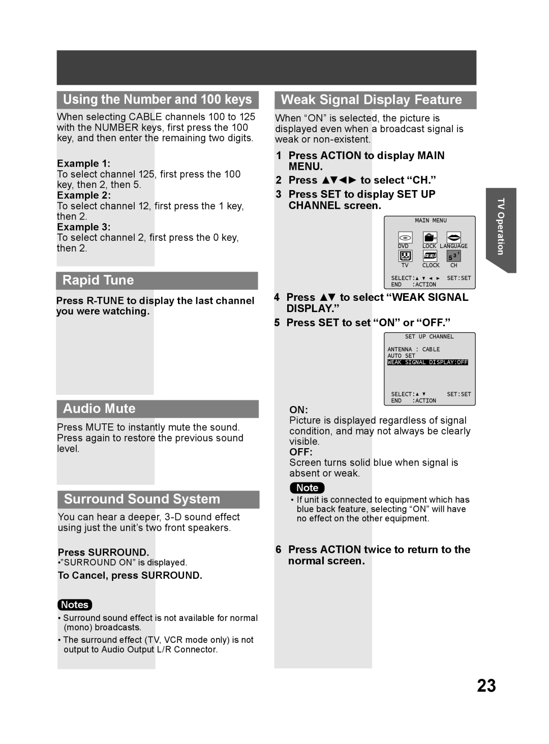 Panasonic PV-DF274, PV-DF204 Using the Number and 100 keys, Rapid Tune, Audio Mute, Surround Sound System 