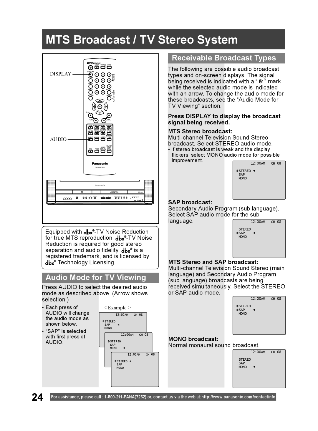 Panasonic PV-DF204 MTS Broadcast / TV Stereo System, Audio Mode for TV Viewing, Receivable Broadcast Types, SAP broadcast 