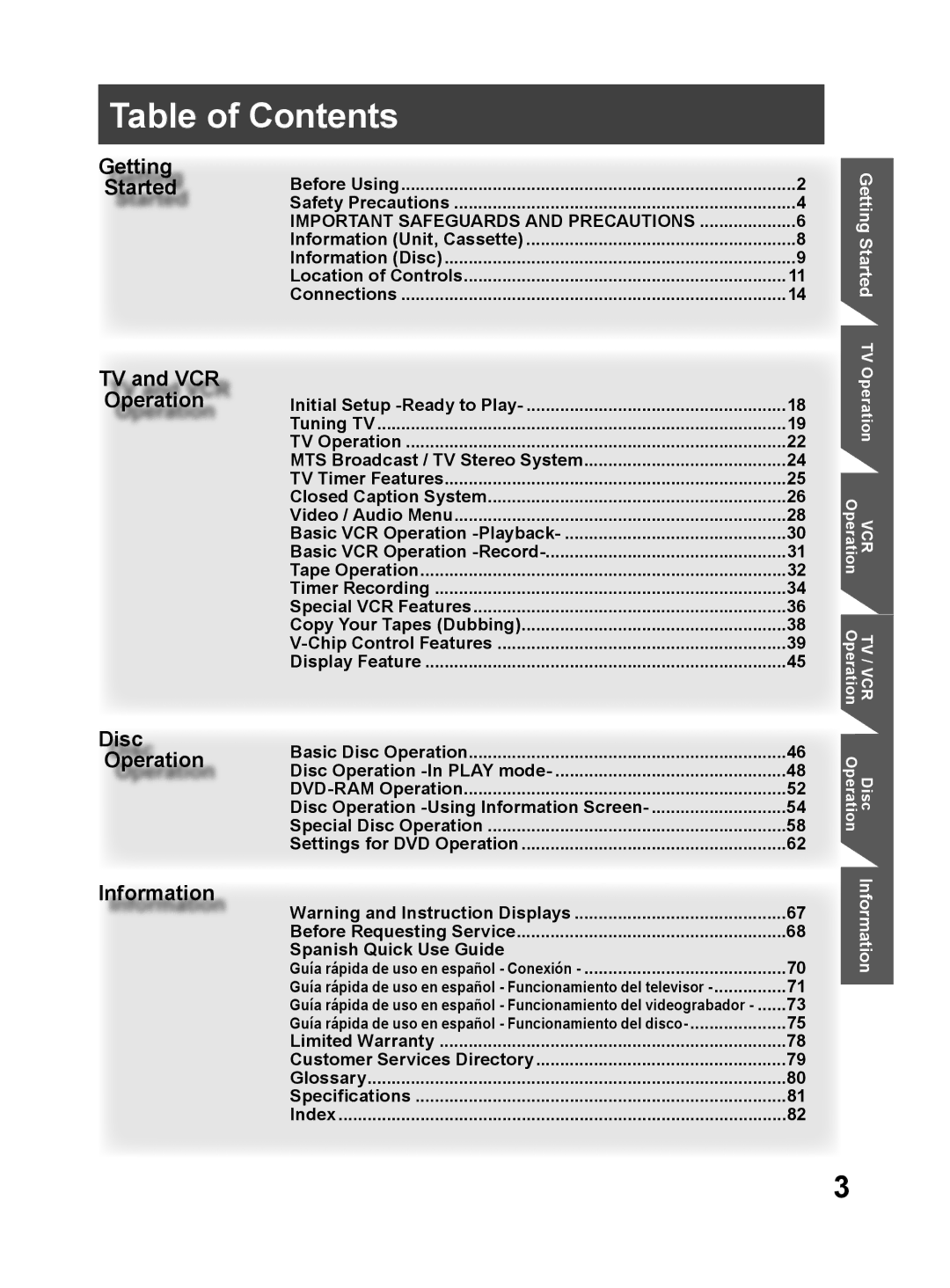 Panasonic PV-DF274, PV-DF204 operating instructions Table of Contents 