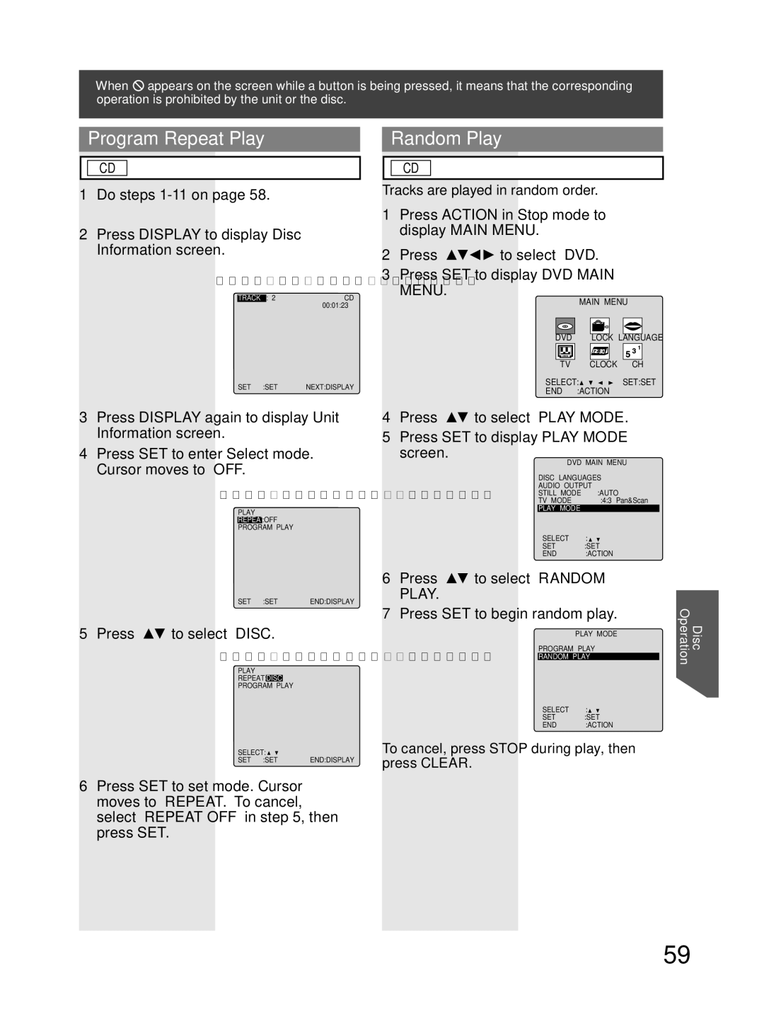 Panasonic PV-DF274, PV-DF204 operating instructions Program Repeat Play, Random Play, Press to select Disc 