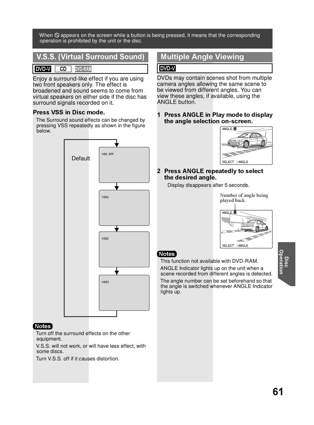 Panasonic PV-DF274, PV-DF204 S. Virtual Surround Sound, Multiple Angle Viewing, Press VSS in Disc mode 