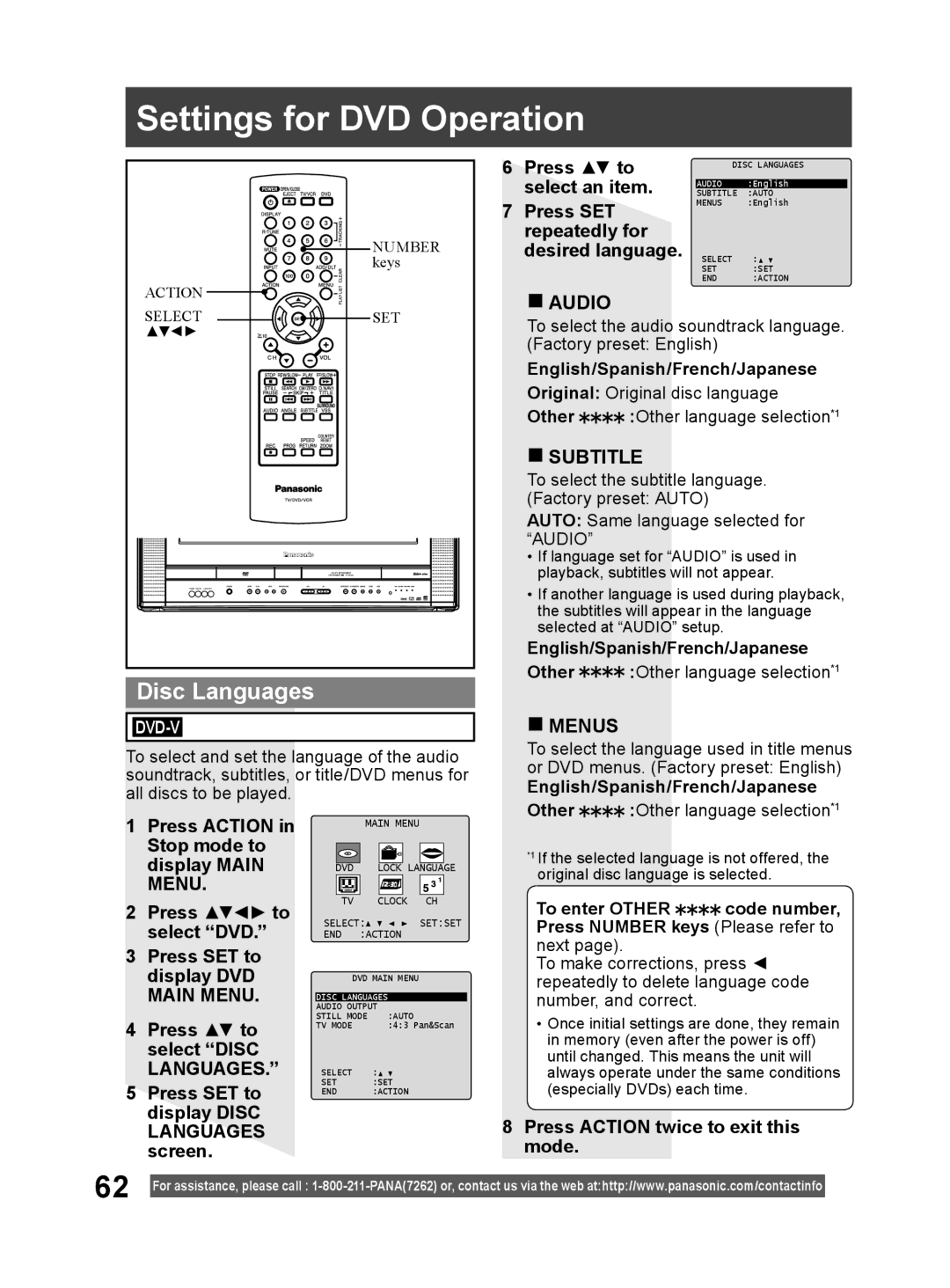 Panasonic PV-DF204, PV-DF274 operating instructions Settings for DVD Operation, Disc Languages 