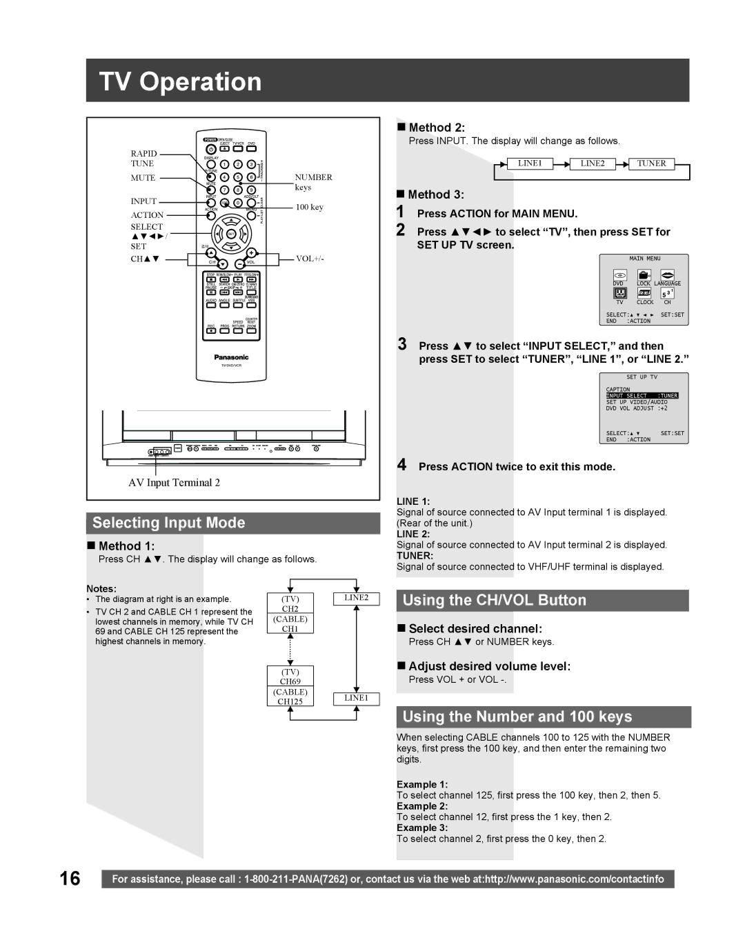 Panasonic PV DF205, PV-DF275 TV Operation, Selecting Input Mode, Using the CH/VOL Button, Using the Number and 100 keys 