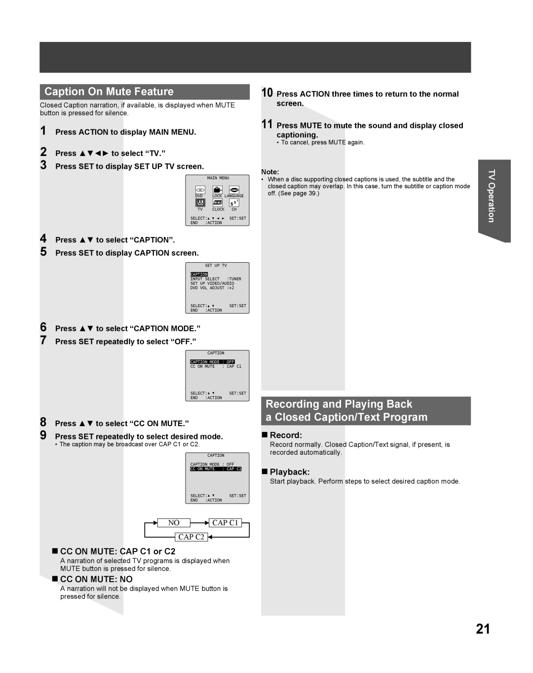 Panasonic PV-DF275, PV DF205 Caption On Mute Feature, Recording and Playing Back Closed Caption/Text Program, Playback 
