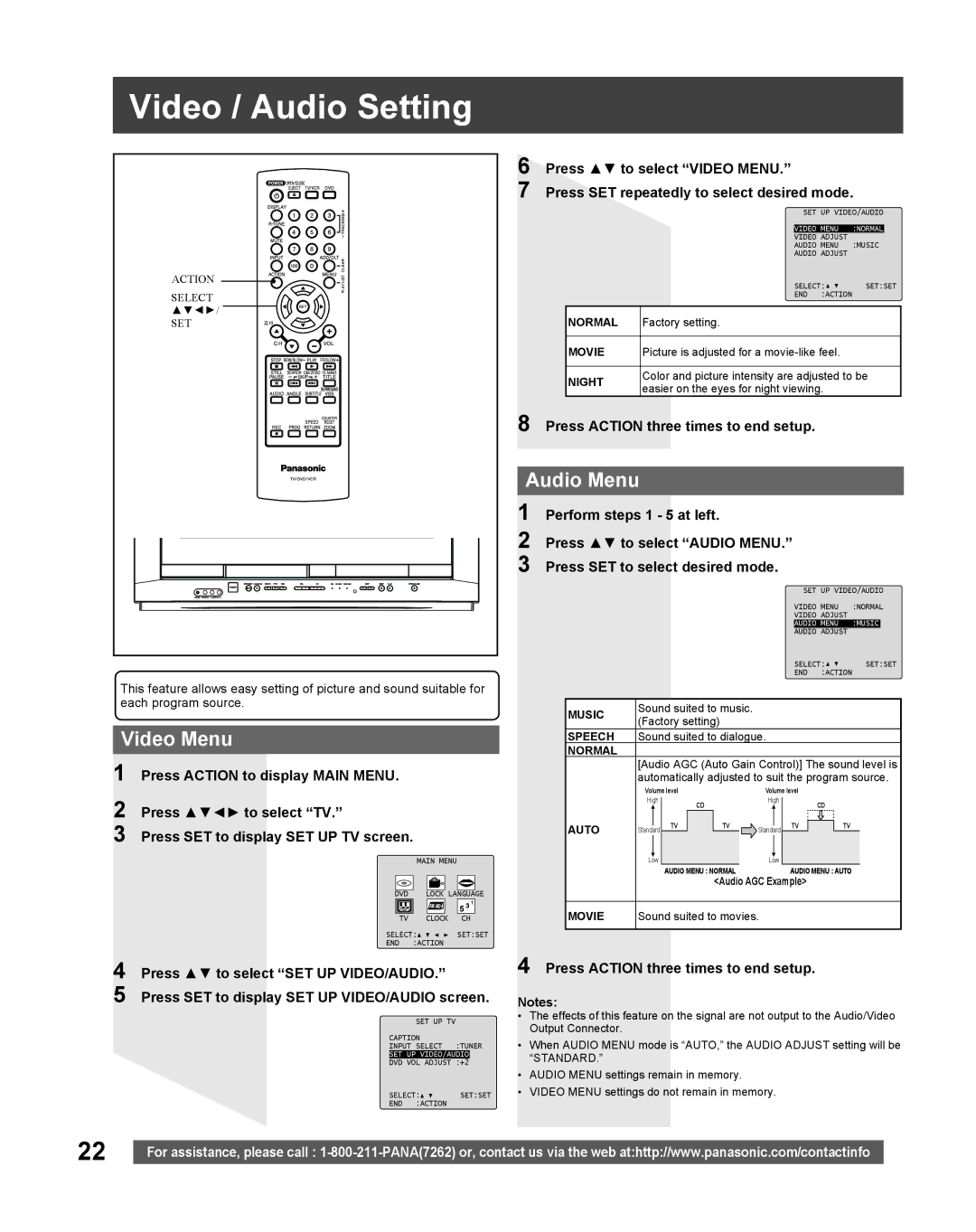 Panasonic PV DF205, PV-DF275 manual Video / Audio Setting, Video Menu, Audio Menu, Press Action three times to end setup 