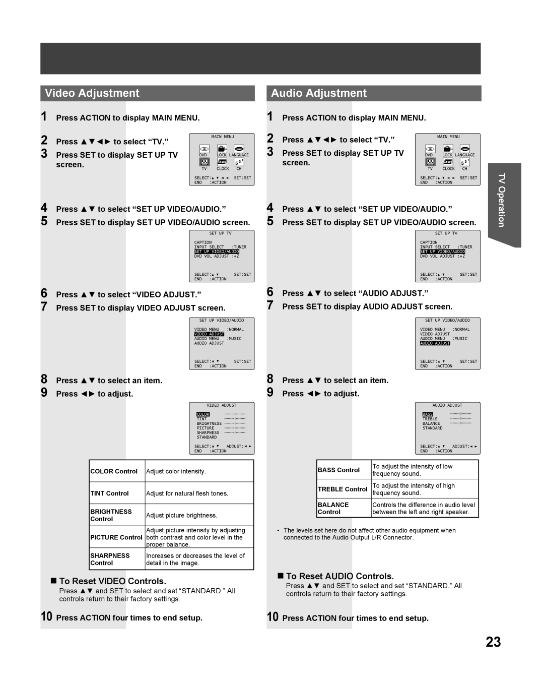 Panasonic PV-DF275, PV DF205 manual Video Adjustment, Audio Adjustment, To Reset Video Controls, To Reset Audio Controls 