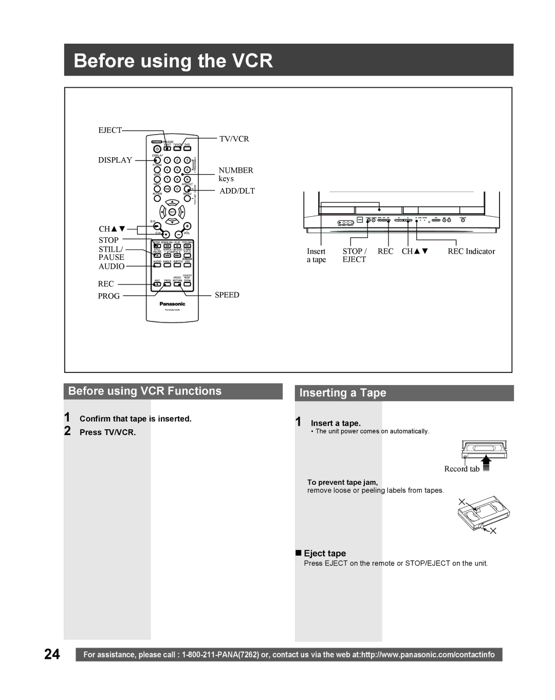 Panasonic PV DF205, PV-DF275 manual Before using the VCR, Before using VCR Functions, Inserting a Tape, Eject tape 