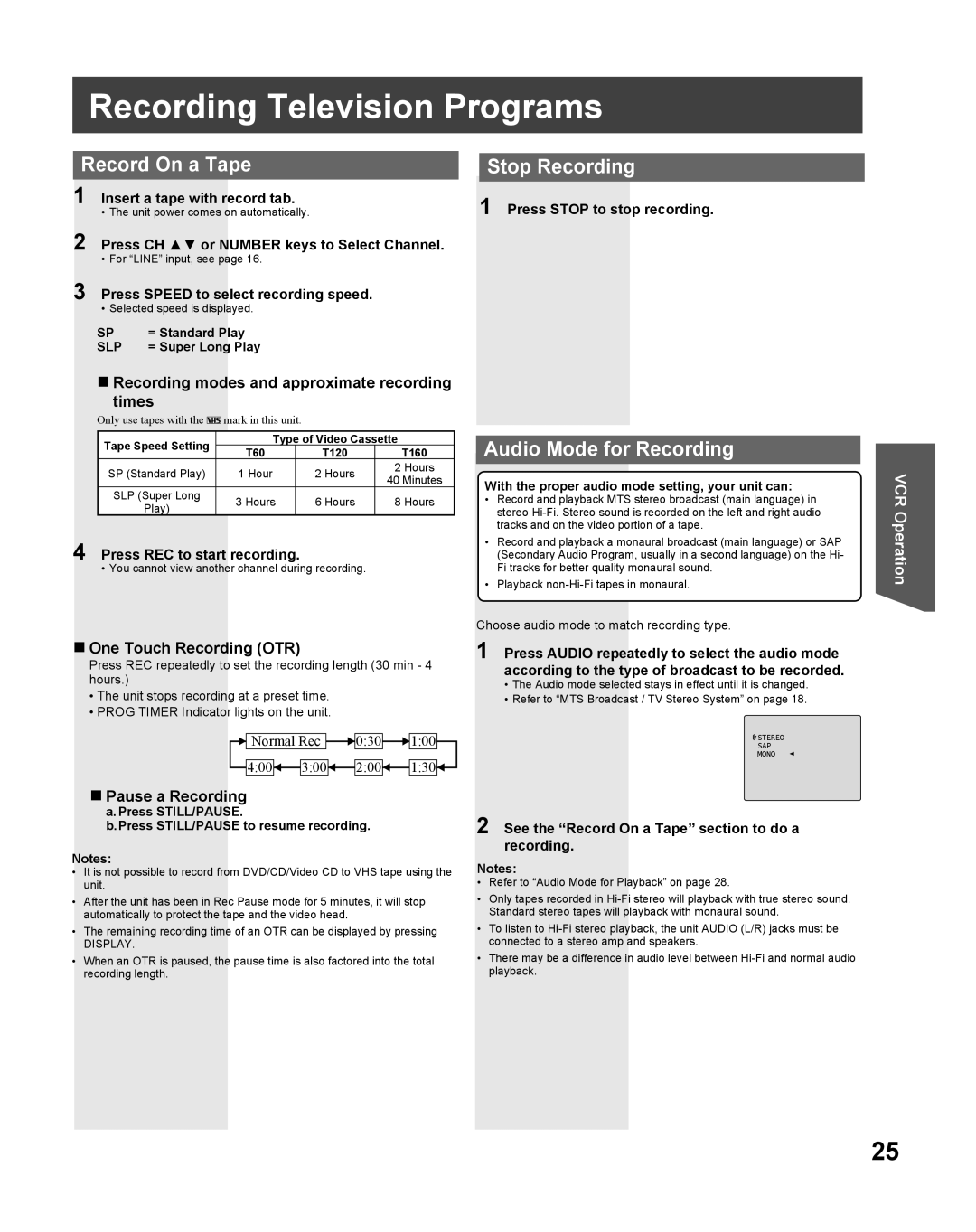 Panasonic PV-DF275, PV DF205 Recording Television Programs, Record On a Tape, Stop Recording, Audio Mode for Recording 