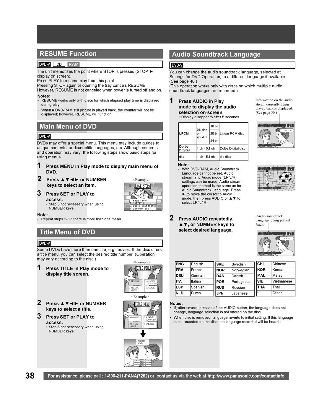 Panasonic PV DF205, PV-DF275 manual Resume Function, Main Menu of DVD, Title Menu of DVD, Audio Soundtrack Language 