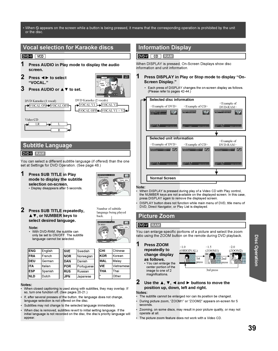 Panasonic PV-DF275, PV DF205 manual Vocal selection for Karaoke discs, Subtitle Language, Information Display, Picture Zoom 