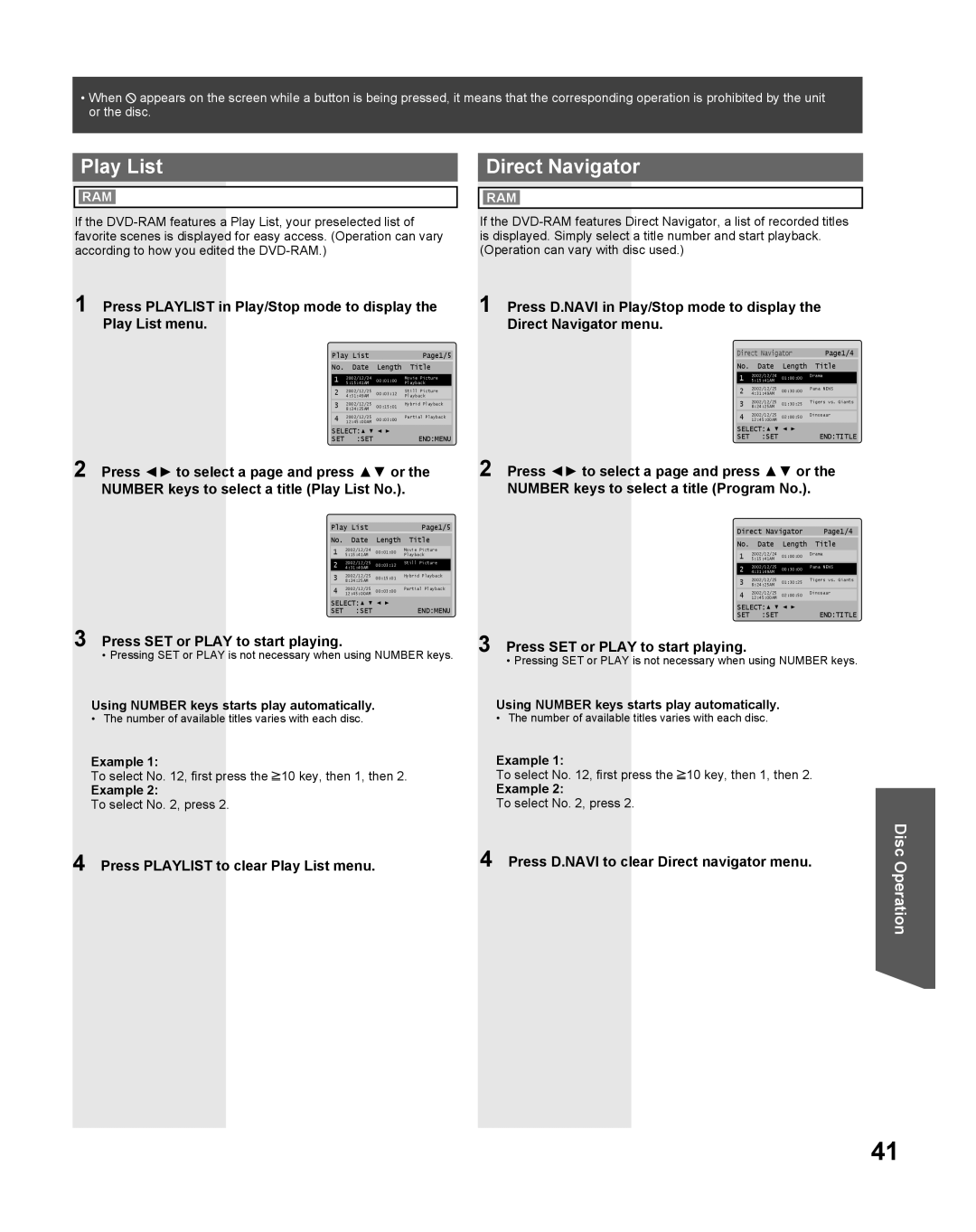 Panasonic PV-DF275 manual Direct Navigator, Press SET or Play to start playing, Press Playlist to clear Play List menu 