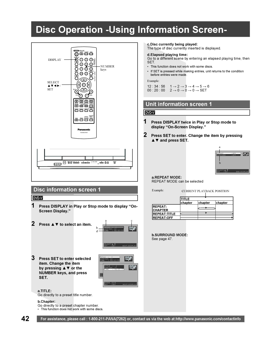 Panasonic PV DF205, PV-DF275 Disc Operation -Using Information Screen, Disc information screen, Unit information screen 