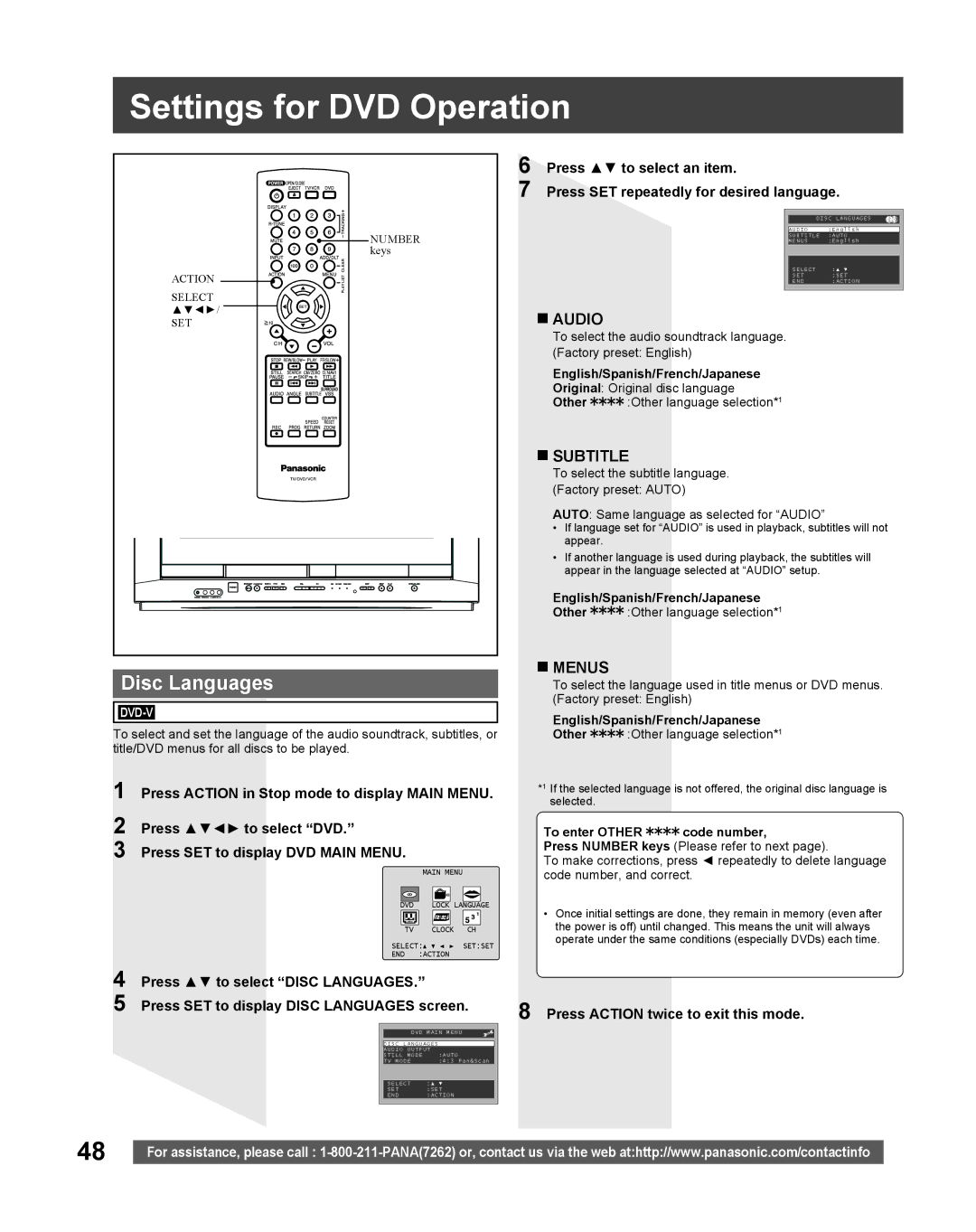 Panasonic PV DF205 Settings for DVD Operation, Disc Languages, Press to select DVD Press SET to display DVD Main Menu 