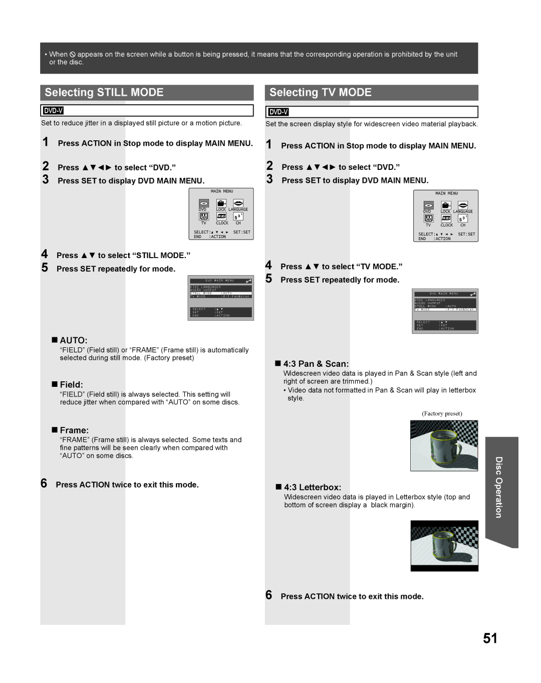 Panasonic PV-DF275, PV DF205 manual Selecting Still Mode, Selecting TV Mode 