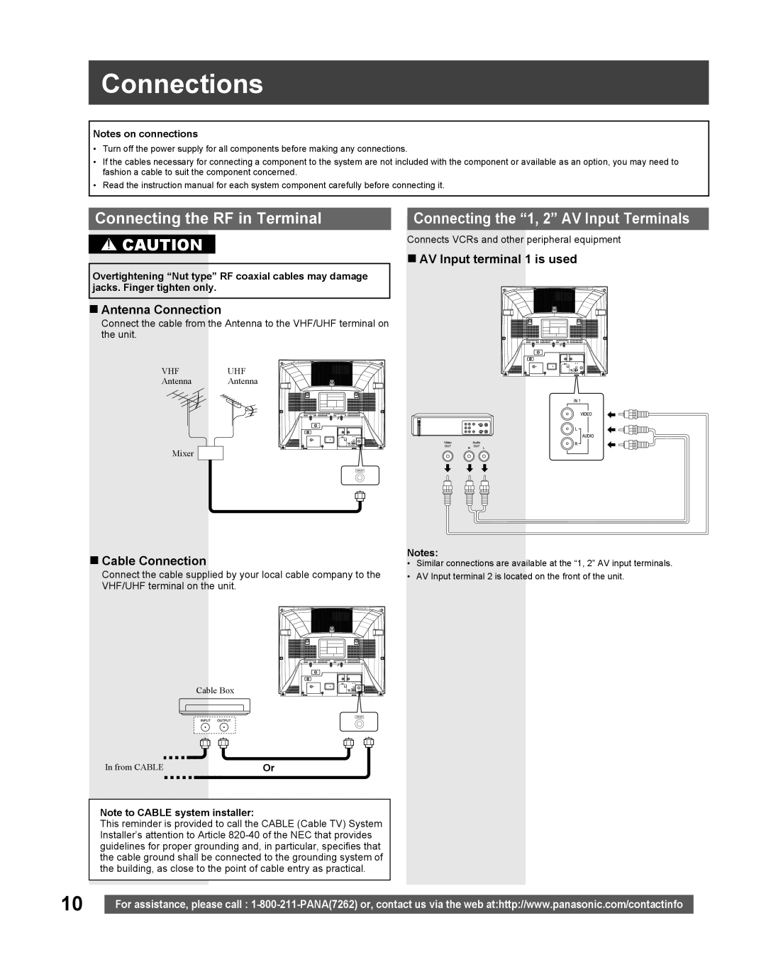 Panasonic PV-DF206M, PV-DF2036M operating instructions Connections, Connecting the RF in Terminal, Antenna Connection 