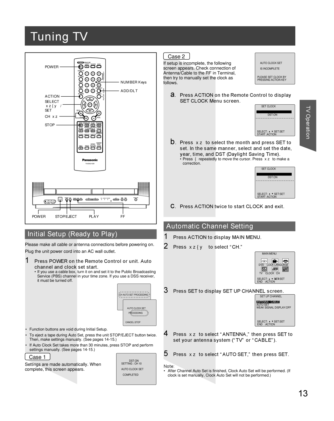 Panasonic PV-DF2036M, PV-DF206M operating instructions Tuning TV, Initial Setup Ready to Play, Automatic Channel Setting 