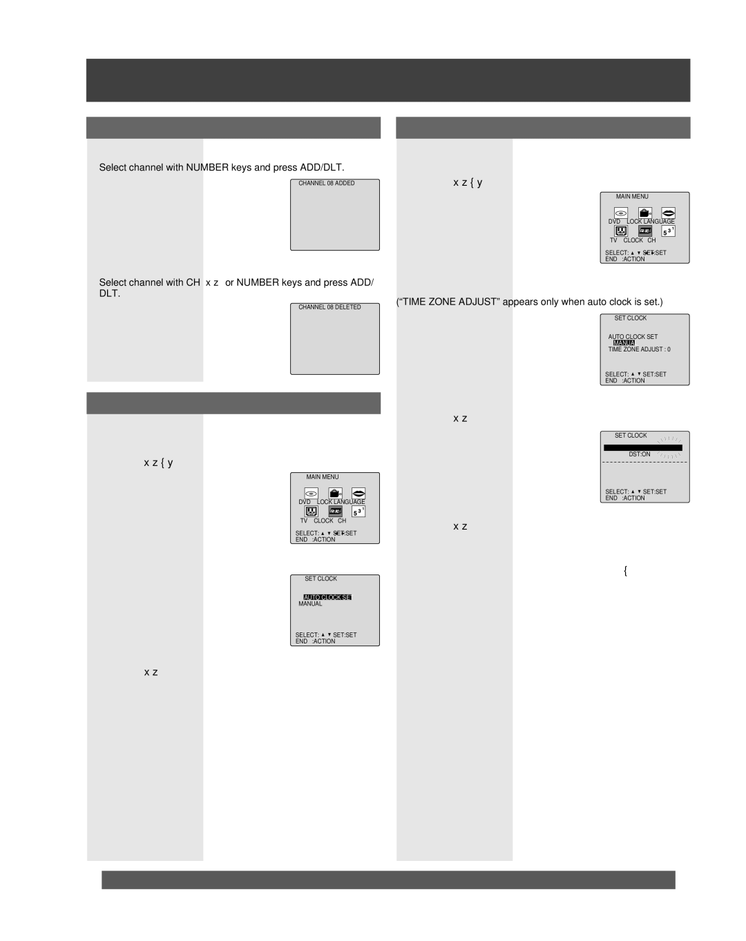 Panasonic PV-DF206M, PV-DF2036M Add or Delete a Channel, Manual Clock Setting, Automatic Clock Setting, To add channel 