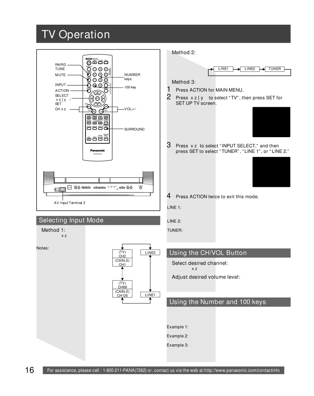 Panasonic PV-DF206M, PV-DF2036M TV Operation, Selecting Input Mode, Using the CH/VOL Button, Using the Number and 100 keys 