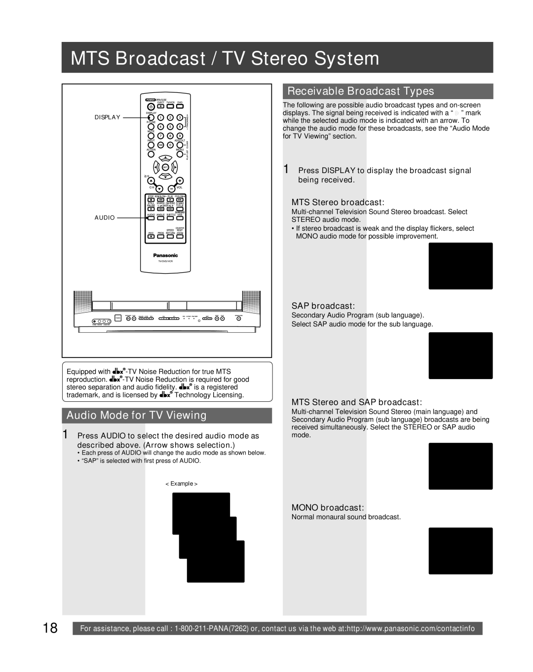 Panasonic PV-DF206M, PV-DF2036M MTS Broadcast / TV Stereo System, Audio Mode for TV Viewing, Receivable Broadcast Types 