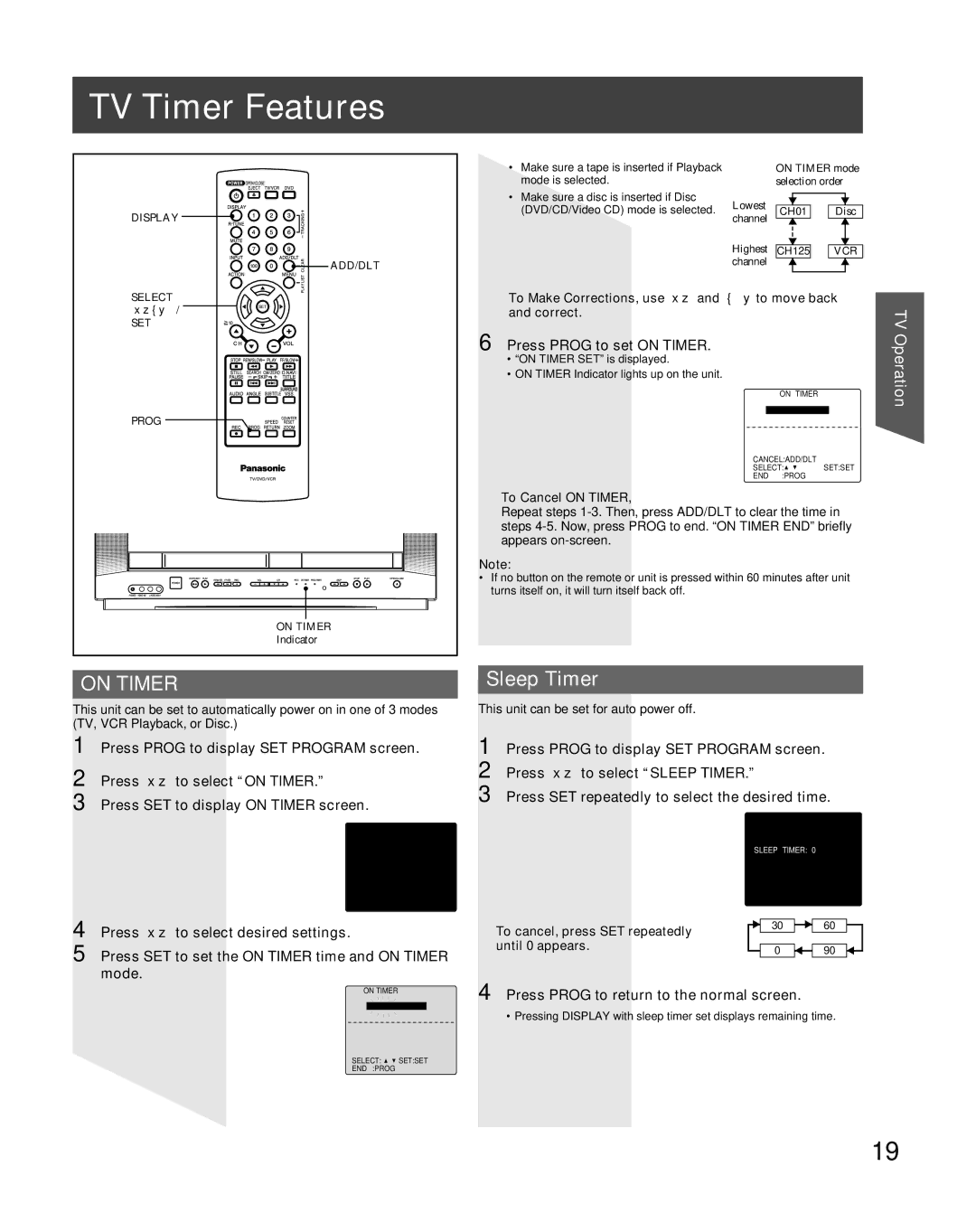 Panasonic PV-DF2036M TV Timer Features, Sleep Timer, Press Prog to set on Timer, Press Prog to display SET Program screen 