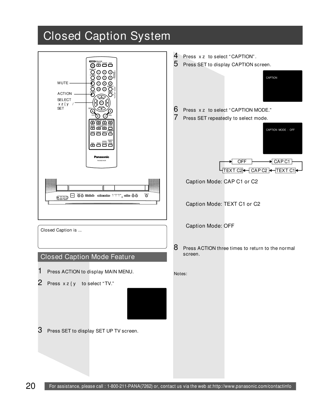 Panasonic PV-DF206M Closed Caption System, Closed Caption Mode Feature, Caption Mode CAP C1 or C2, Caption Mode OFF 