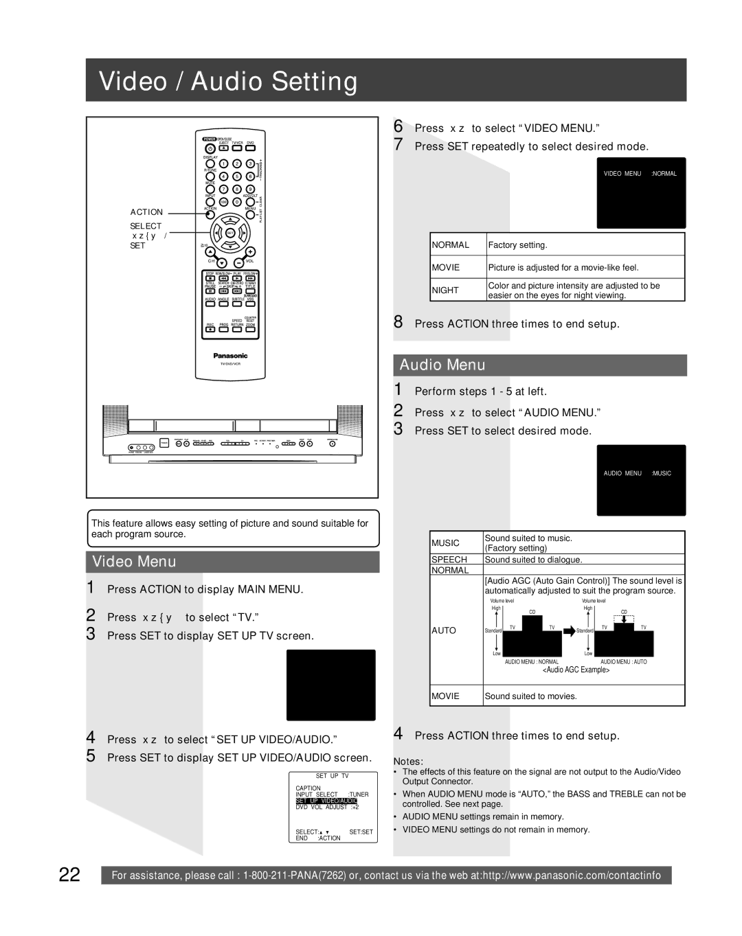 Panasonic PV-DF206M, PV-DF2036M Video / Audio Setting, Video Menu, Audio Menu, Press Action three times to end setup 