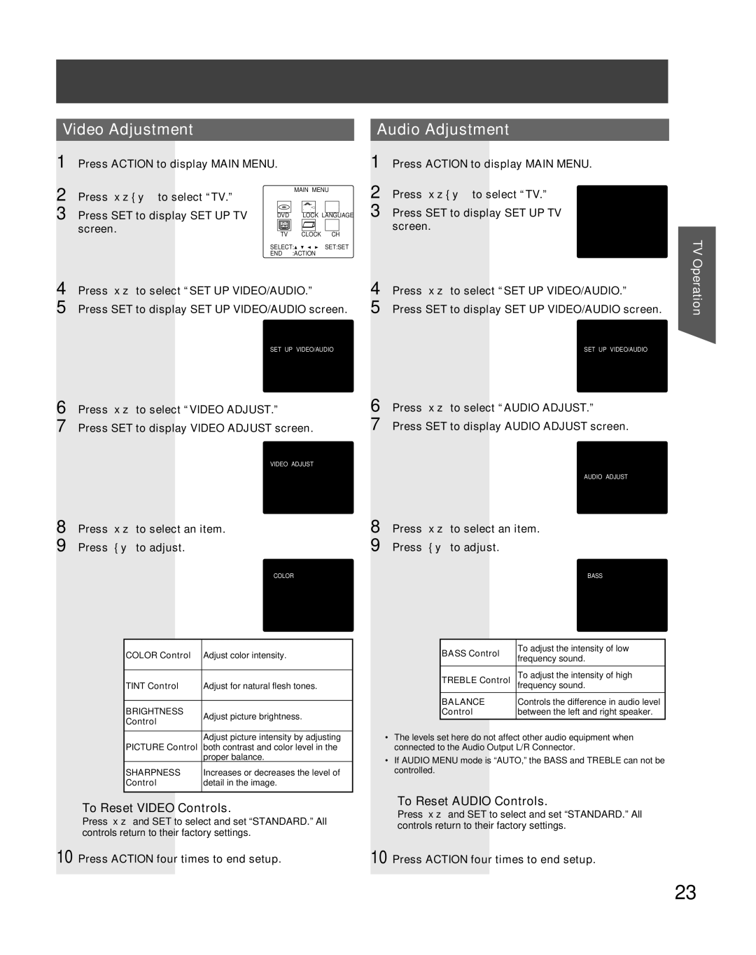 Panasonic PV-DF2036M, PV-DF206M Video Adjustment, Audio Adjustment, To Reset Video Controls, To Reset Audio Controls 