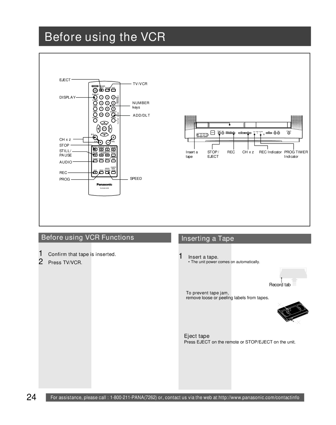 Panasonic PV-DF206M, PV-DF2036M Before using the VCR, Before using VCR Functions, Inserting a Tape, Eject tape 