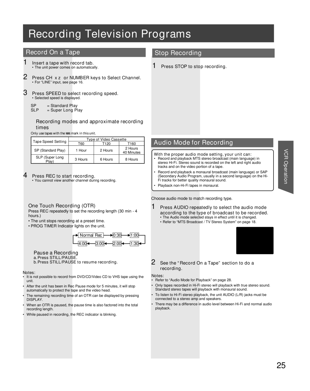 Panasonic PV-DF2036M, PV-DF206M Recording Television Programs, Record On a Tape, Stop Recording, Audio Mode for Recording 