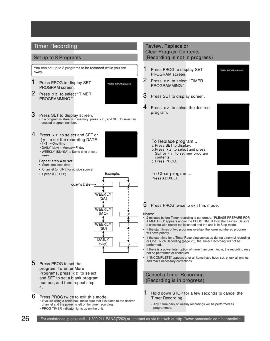 Panasonic PV-DF206M Set up to 8 Programs, Cancel a Timer Recording Recording is in progress, To Replace program 