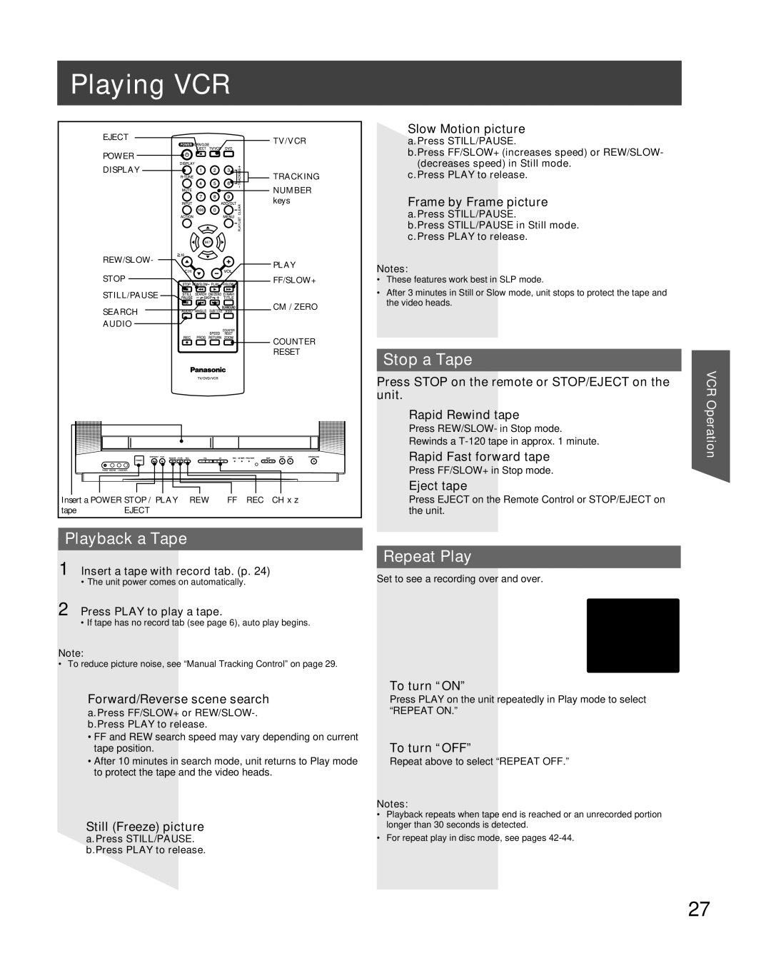 Panasonic PV-DF2036M, PV-DF206M operating instructions Playing VCR, Playback a Tape, Stop a Tape, Repeat Play 