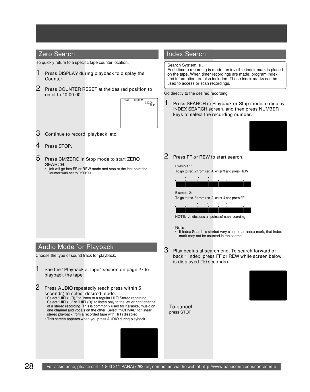 Panasonic PV-DF206M, PV-DF2036M operating instructions Zero Search, Audio Mode for Playback, Index Search, To cancel 