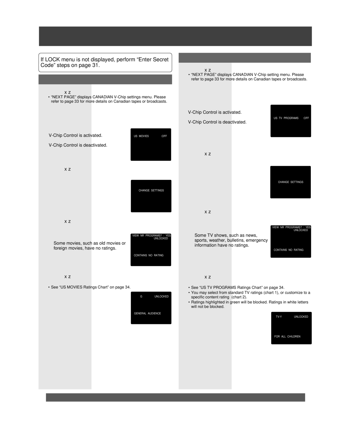 Panasonic PV-DF206M, PV-DF2036M operating instructions US Movies Ratings, US TV Programs Ratings, NR Not Rated Programs 