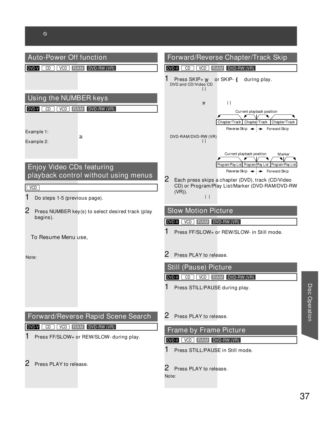 Panasonic PV-DF2036M, PV-DF206M Auto-Power Off function, Using the Number keys, Forward/Reverse Rapid Scene Search 