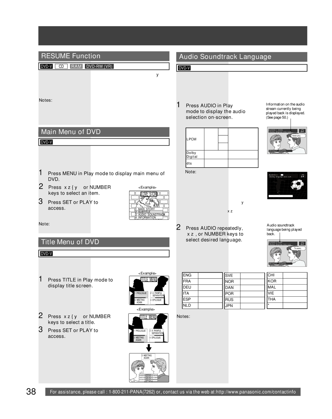 Panasonic PV-DF206M, PV-DF2036M Resume Function, Main Menu of DVD, Title Menu of DVD, Audio Soundtrack Language 