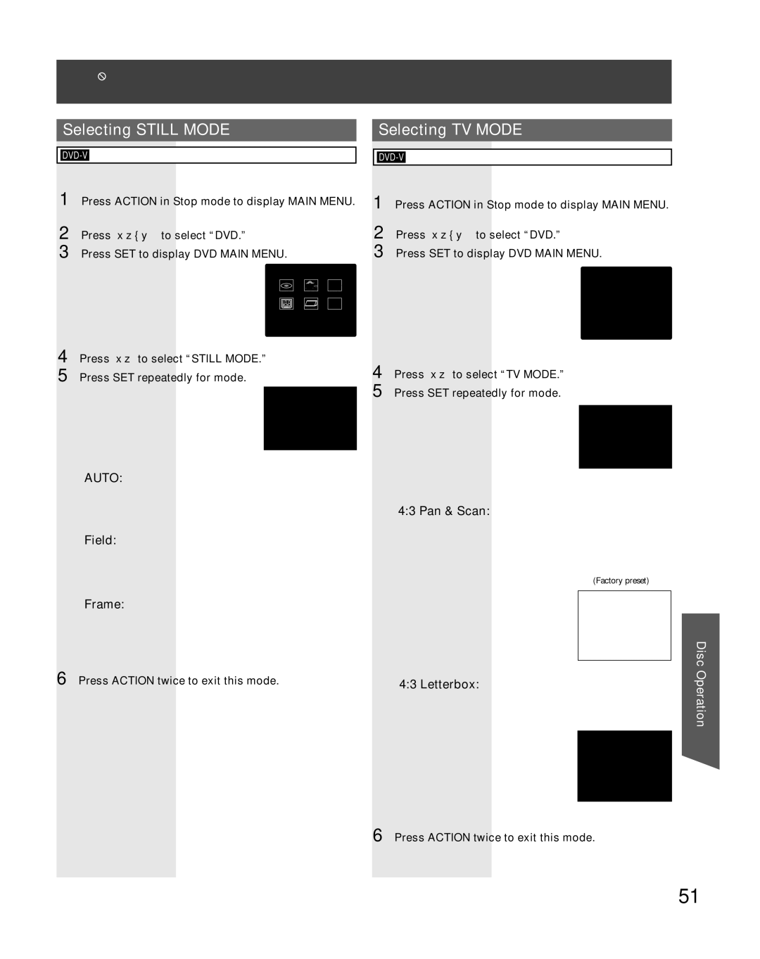 Panasonic PV-DF2036M, PV-DF206M operating instructions Selecting Still Mode, Selecting TV Mode 