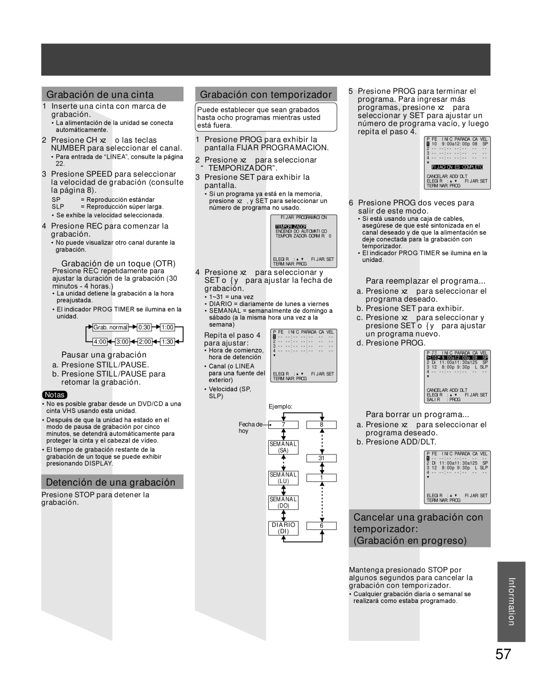 Panasonic PV-DF2036M, PV-DF206M Grabación de una cinta, Detención de una grabación, Grabación con temporizador 