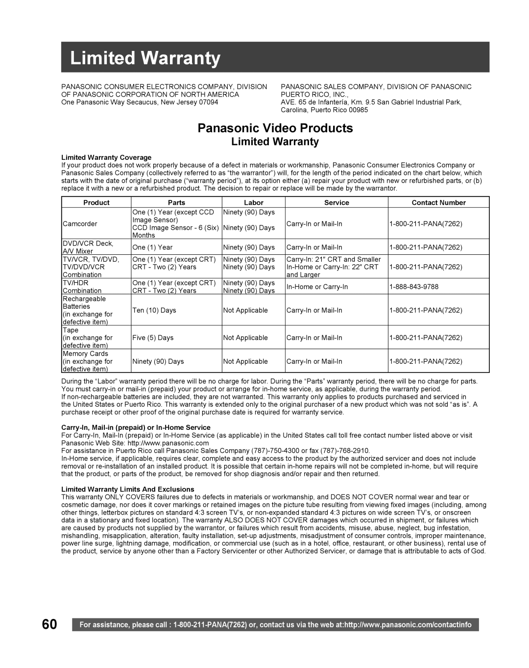 Panasonic PV-DF206M, PV-DF2036M Limited Warranty Coverage, Product Parts Labor Service Contact Number 