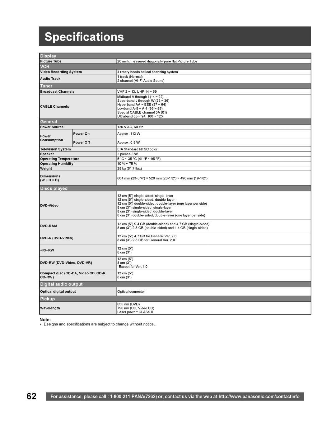 Panasonic PV-DF206M, PV-DF2036M operating instructions Specifications, Vcr 