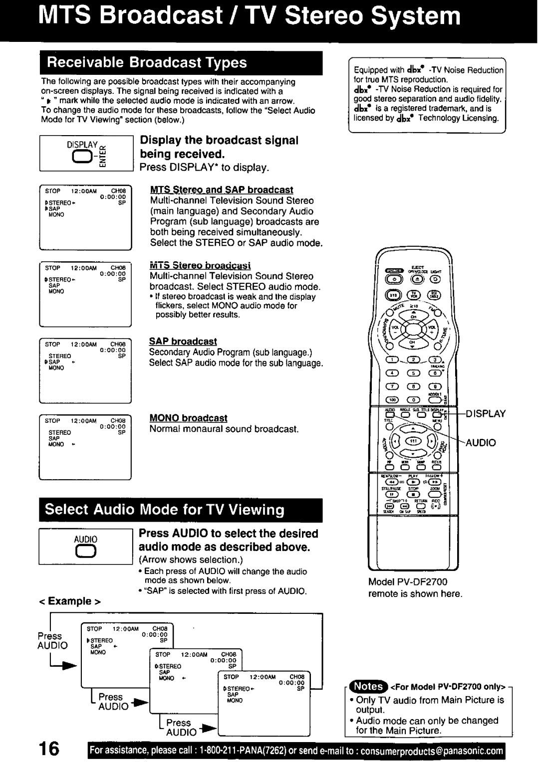 Panasonic PV-DF2700, PV-DF2000 manual 