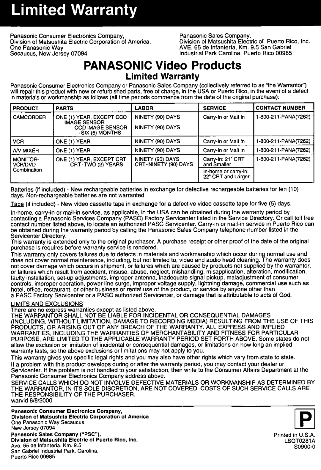 Panasonic PV-DF2700, PV-DF2000 manual 