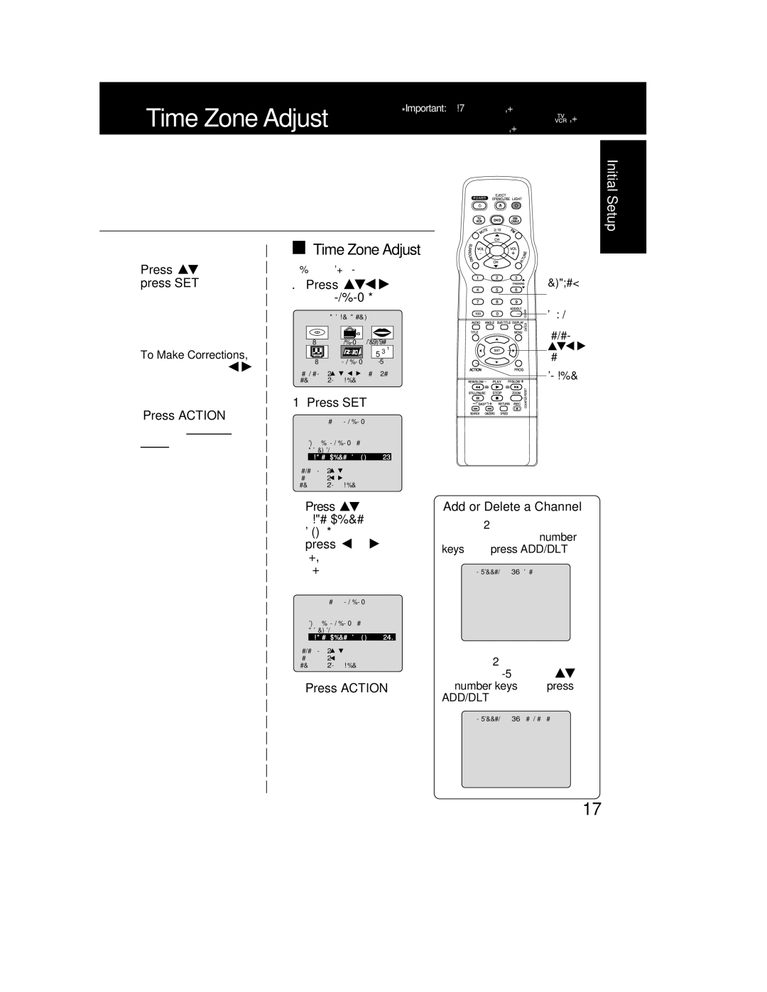 Panasonic PV-DF2002 Time Zone Adjust, Press Action twice to start the clock and exit this mode, 3Press, 4Press Action 