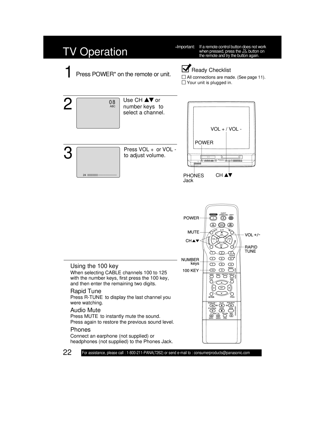 Panasonic PV DF2702, PV-DF2002 manual TV Operation, Using the 100 key, Rapid Tune, Audio Mute, Phones 