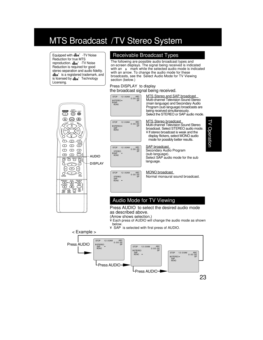 Panasonic PV-DF2002, PV DF2702 manual MTS Broadcast/TV Stereo System 